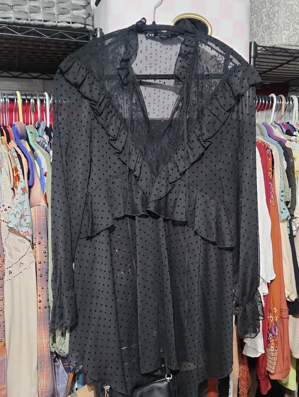 Zara Black Sheer Polka Dot Ruffle V‑Neck Blouse